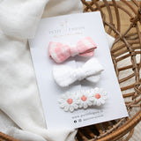 Lot de 3 noeuds vichy rose plumetis blanc